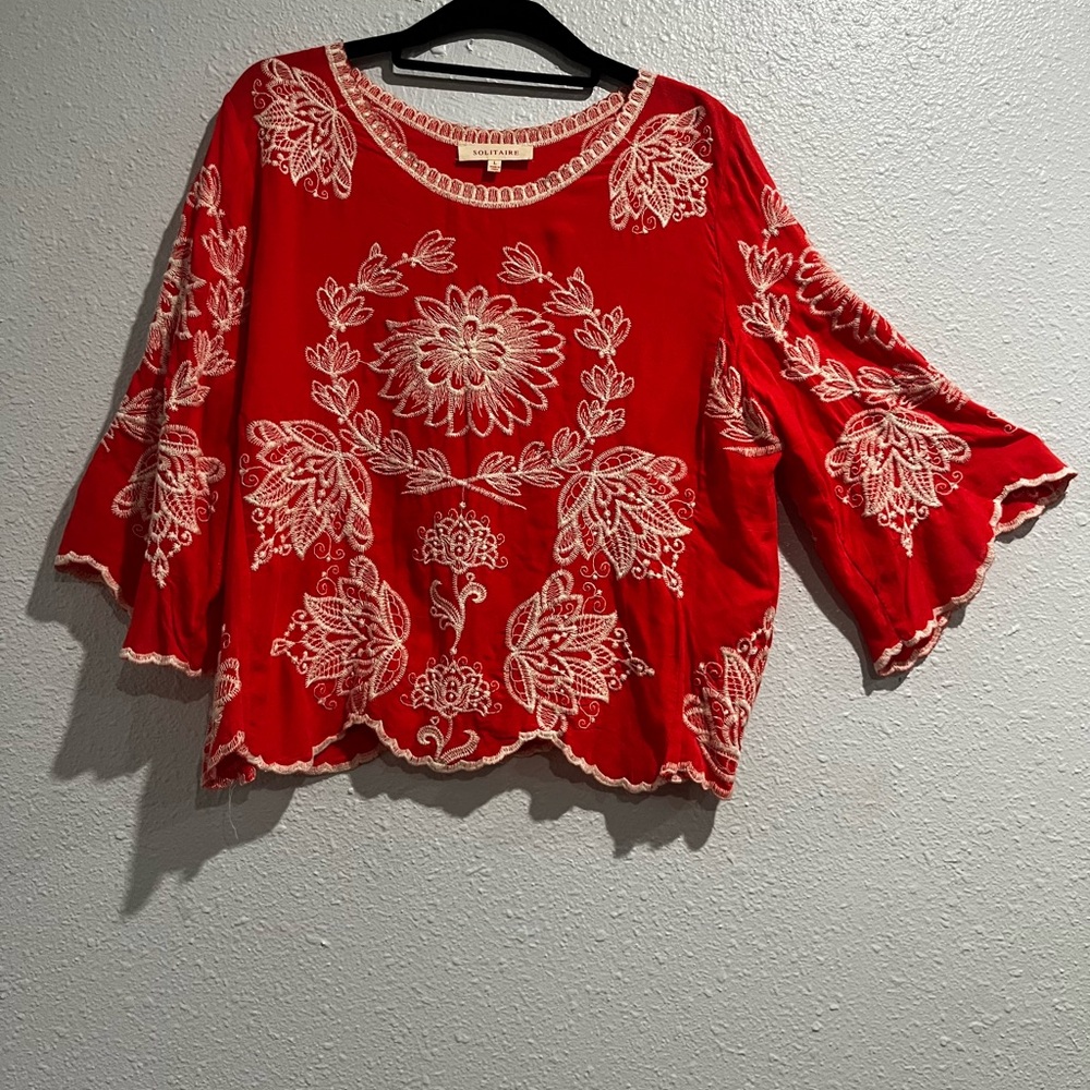 Solitaire Embroidered Bright orange Top Size L Scalloped Boxy Boho. - Picture 10 of 10